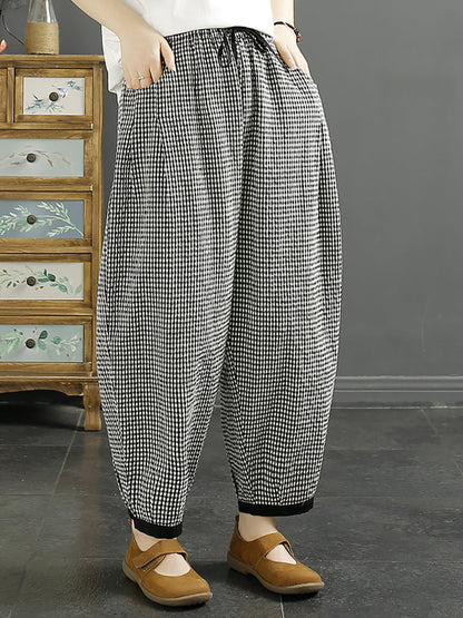 Women Vintage Plaid Summer Cotton Harem Pants QW1044