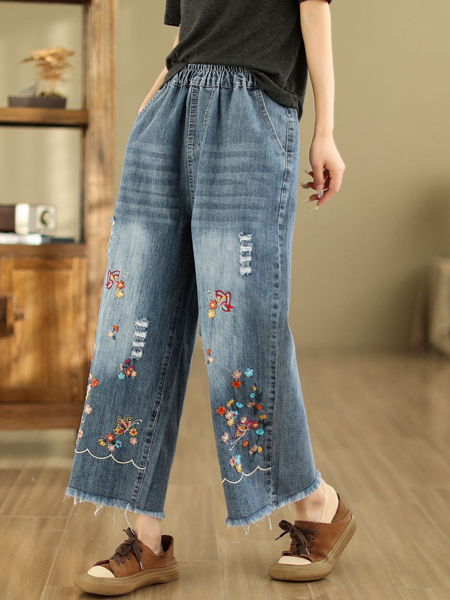 Women Summer Retro Embroidery Frayed Straight Denim Pants AS1042