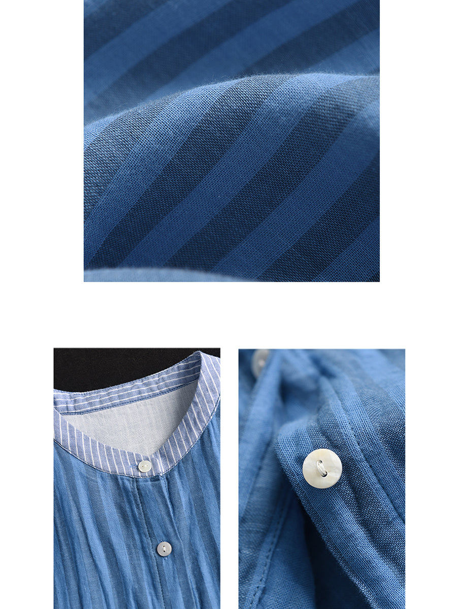 Women Summer Artsy Stripe Spliced Linen Shirt WE1039