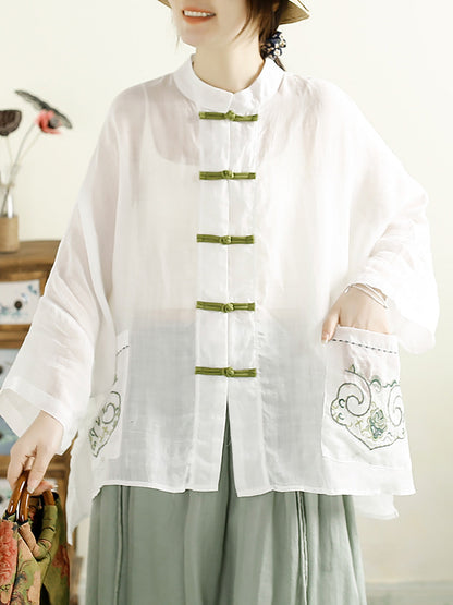 Women Summer Vintage Embroidery Ramie Shirt QW1045