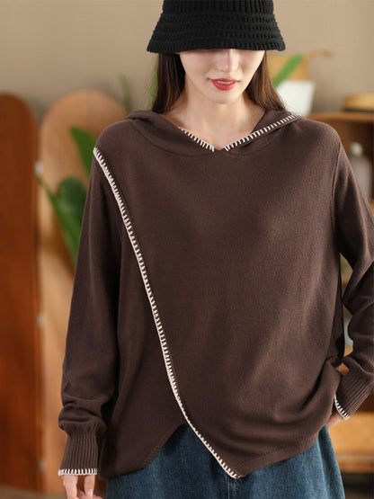 Women Autumn Casual Split Hem Knit Hooded Blouse AI1066