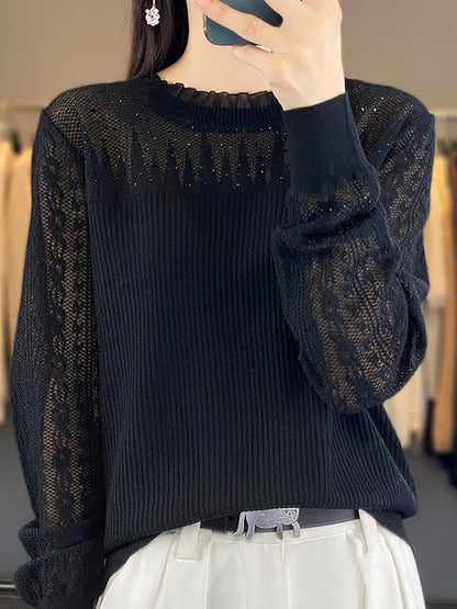 Women Autumn Solid Lace Knit Sweater QM030