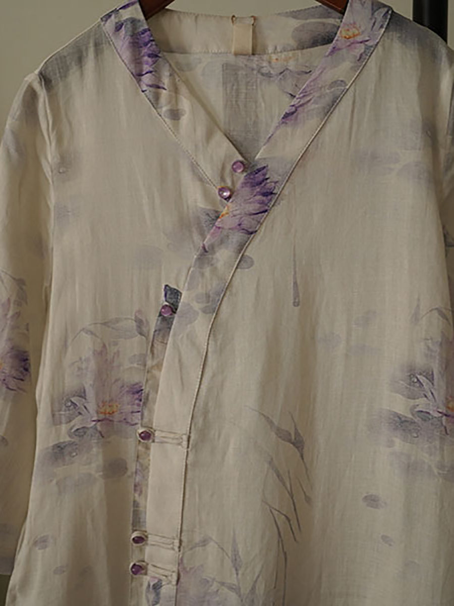 Robe en ramie à col en V et boutons à fleurs ethniques pour femmes OO1002