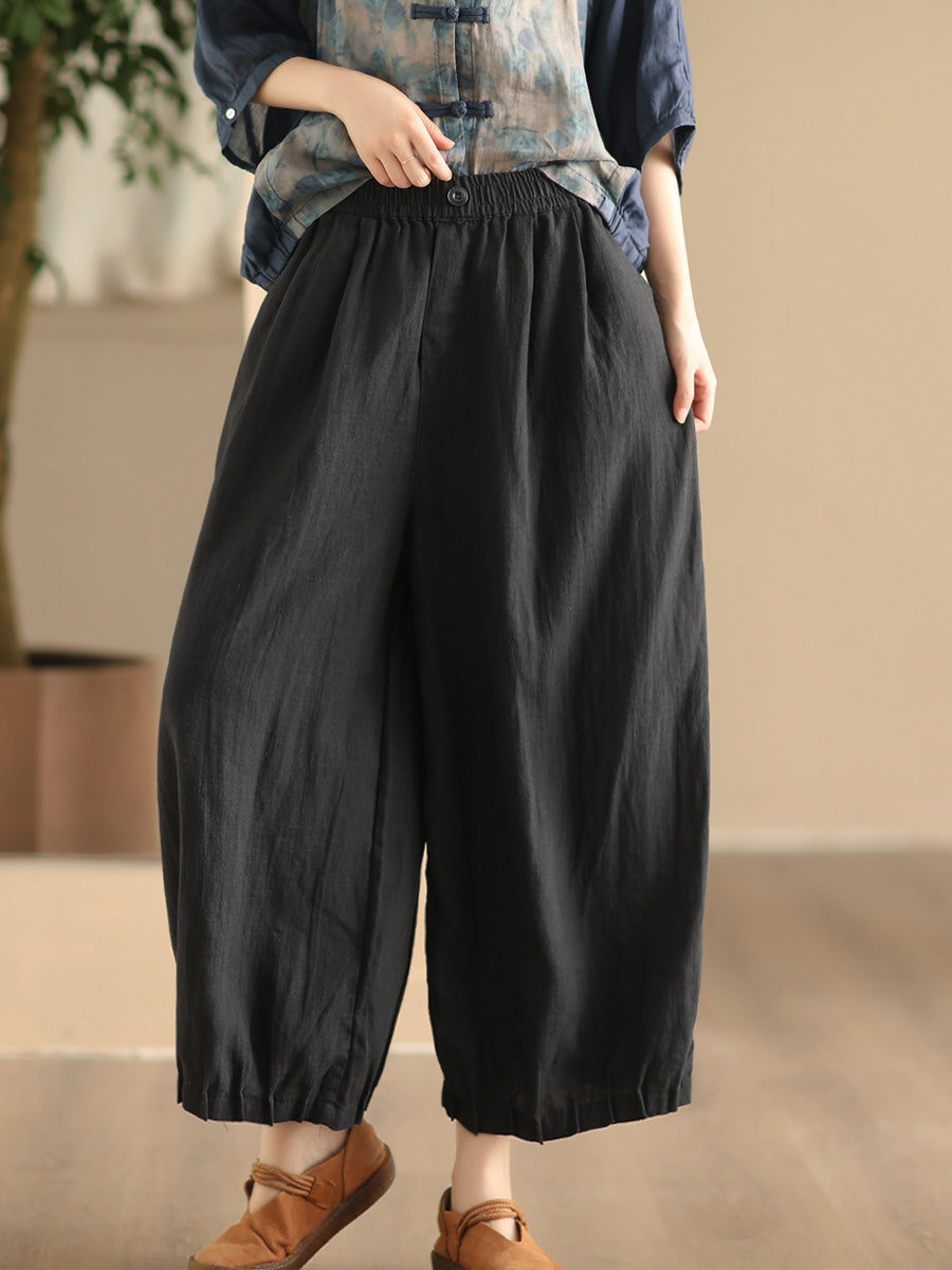 Women Summer Vintage Solid Linen Wide-leg Pants FD038