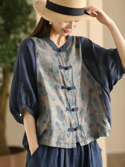 Women Summer Vintage Flower Spliced Button-up Ramie Shirt FD042