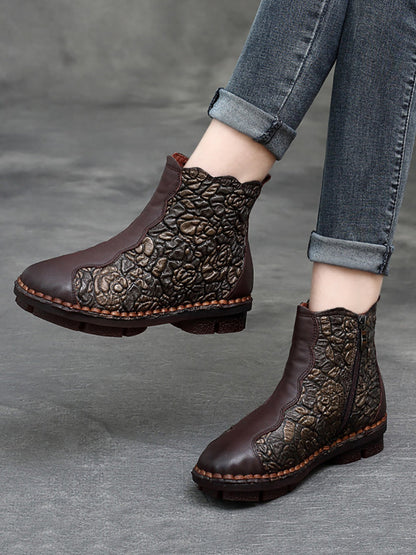 Women Retro Flower Leather Spliced Zipper Low Heel Boots AT1067