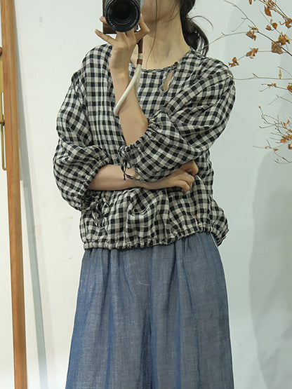 Women Summer Casual Plaid Linen Strap Shirt AS1064