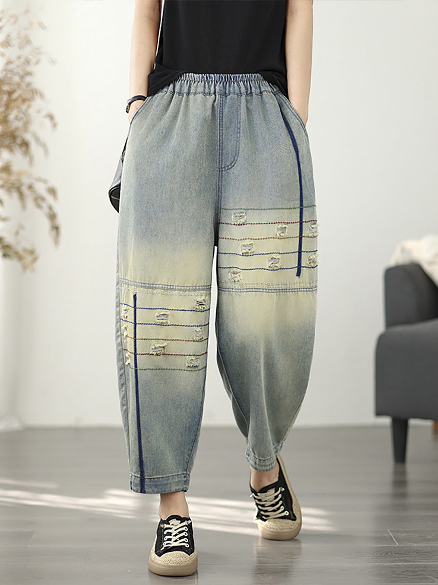 Hose Ausgefranste Retro Denim Haremshose Damen 