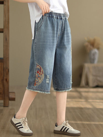 Women Summer Embroidery Knee-Length Denim Pants IO1023