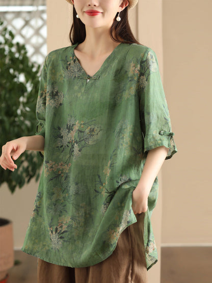 Women Summer Vintage Flower Buckle Ramie Long Shirt LL039