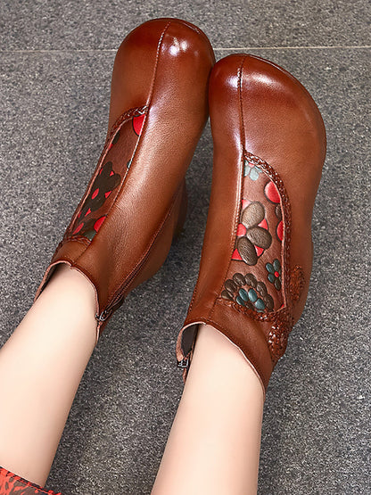 Women Ethnic Winter Flower Spliced Leather Mid-Heel Boots AI1013