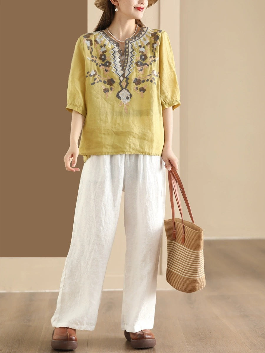 Women Summer Ethnic Flower Embroidery Ramie Shirt TY1006