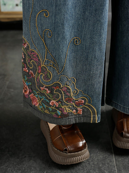 Women Vintage Summer Embroidery Wide-leg Denim Pants CO1050