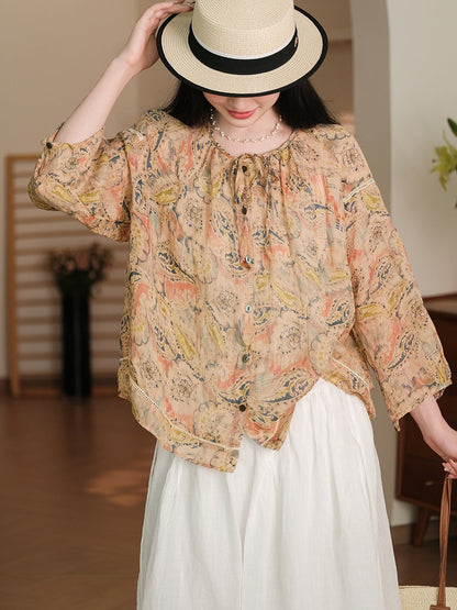 Women Summer Vintage Flower Button-Up Ramie Shirt RR1013