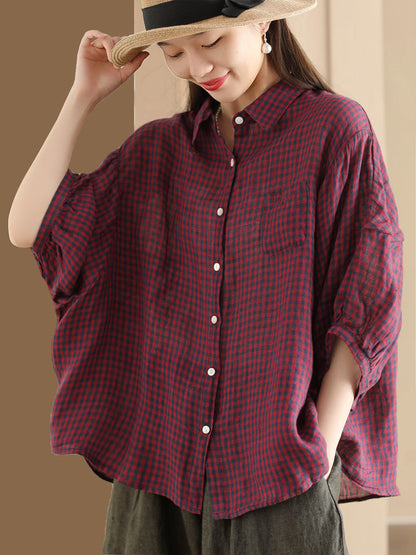 Women Summer Vintage Plaid Button-Up Linen Shirt PP1034