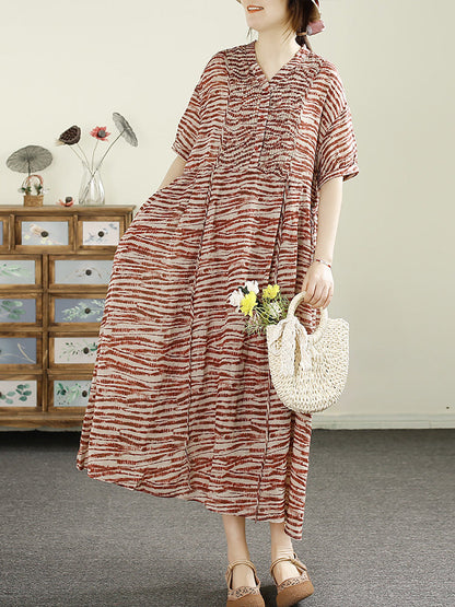 Women Summer Vintage Shirred V-Neck Ramie Loose Dress LL037