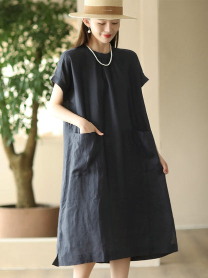 Women Summer Casual Solid Pocket O-Neck Linen Dress FD002