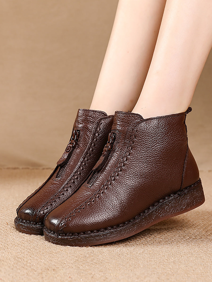 Women Winter Vintage Leather Fleece-lined Low Heel Boots AT1034