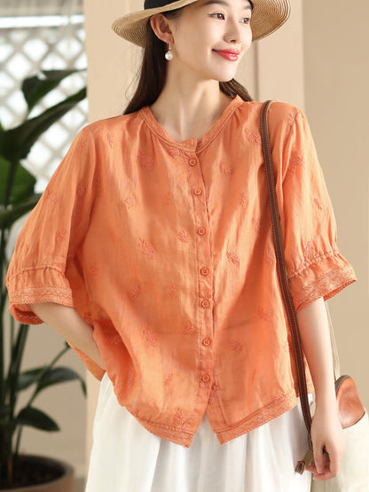 Women Summer Vintage Embroidery Button-up Ramie Shirt CX007