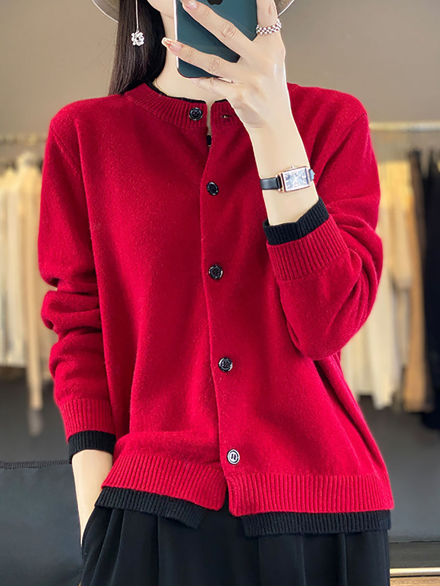 Women Autumn Colorblock Knit 100%Wool O-Neck Sweater QM006