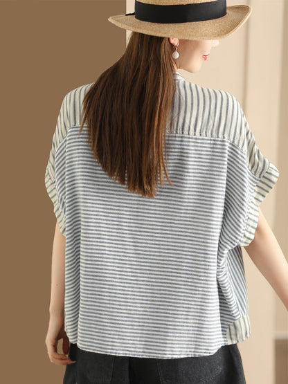 Women Summer Artsy Stripe Spliced Linen Shirt WE1039