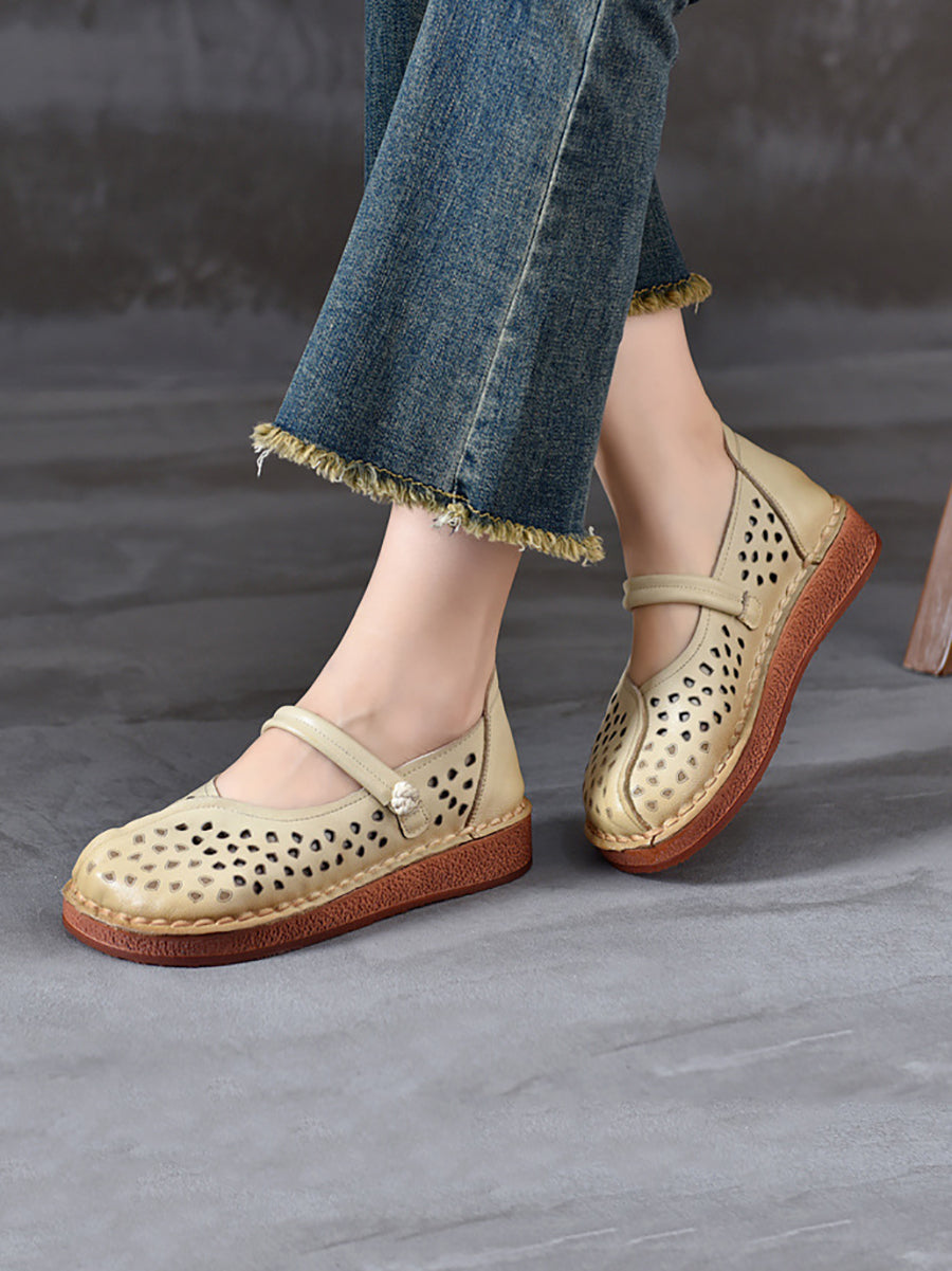 Women Summer Leather Solid Cutout Leather Flat Shoes OO1018