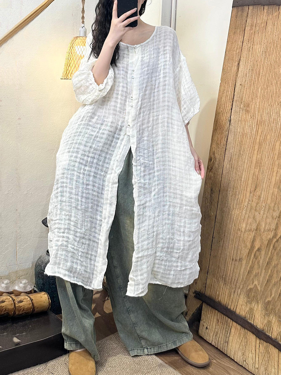 Women Retro Plaid Button-up O-Neck Linen Long Shirt CC028