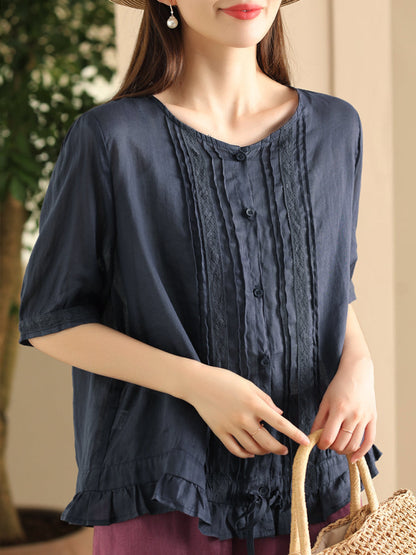 Women Summer Vintage Embroidery Button-up Strap Ramie Shirt FD018