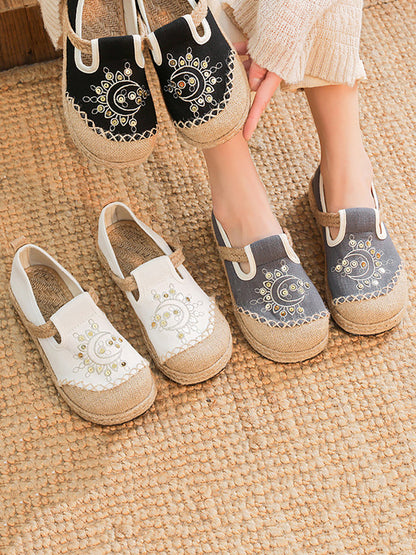 Women Vintage Summer Moon Embroidery Cloth Shoes WE1037