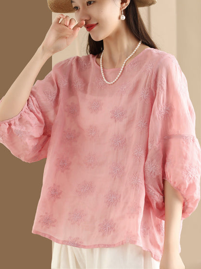 Women Summer Vintage Flower Embroidery Ramie Shirt PP1029