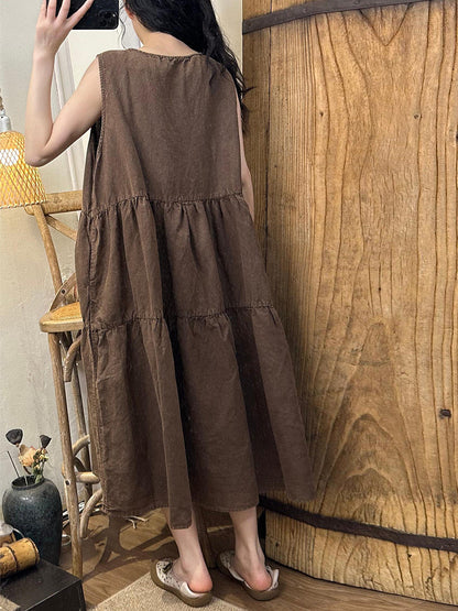 Women Summer Vintage Solid Shirred Linen Vest Dress BN1042