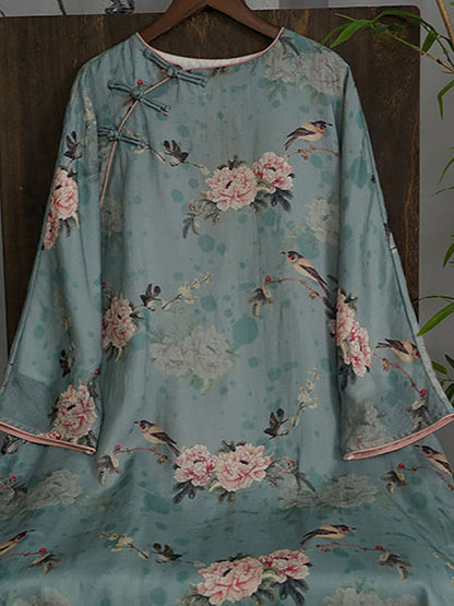 Women Autumn Vintage Flower Ramie Blue  Robe Dress AX1004