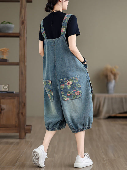 Women Summer Retro Flower Spliced Denim Jumpsuits BN1030