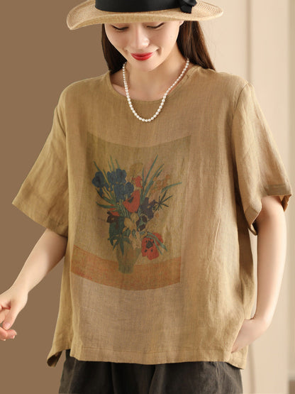 Women Summer Casual Flower Linen Pullover Shirt TY1022