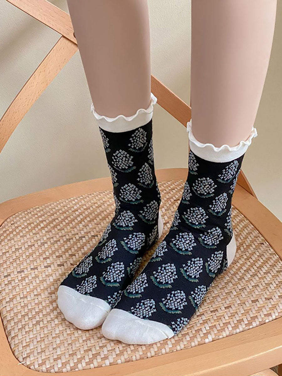 Lot de 5 paires de chaussettes en coton à imprimé floral artistique pour femme AV1043