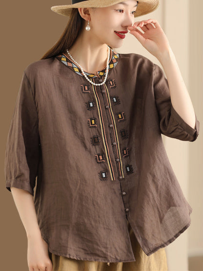 Women Summer Ethnic Embroidery Ramie Shirt BN1039