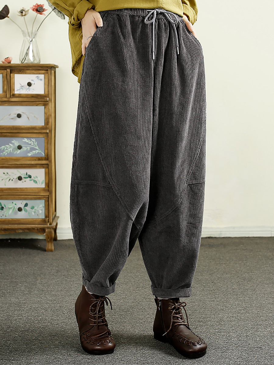 Women Autumn Solid Corduroy Spliced Cotton Harem Pants AI1047