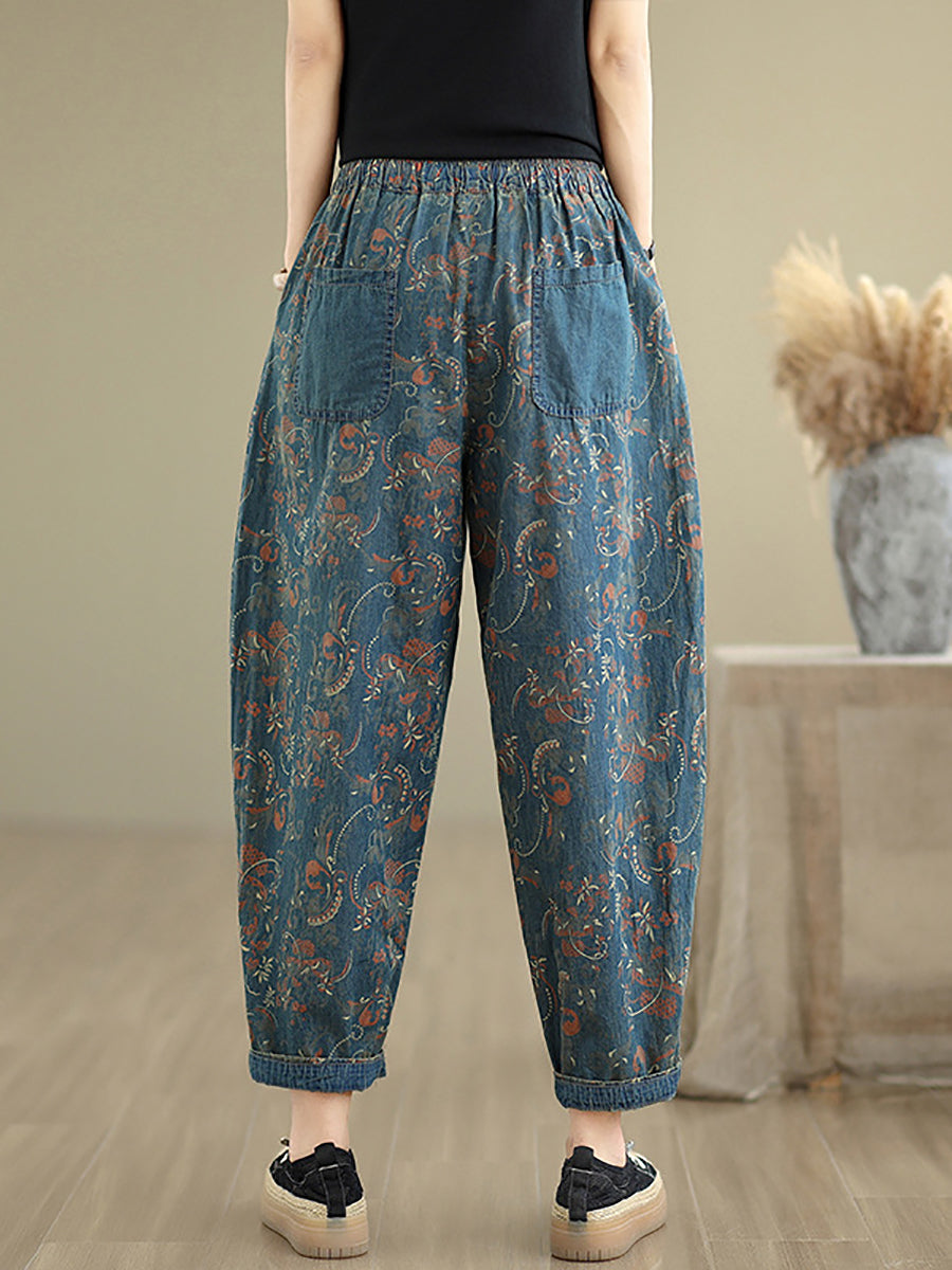 Denim Patchwork Hosen Harem Frauen Retro Blume 