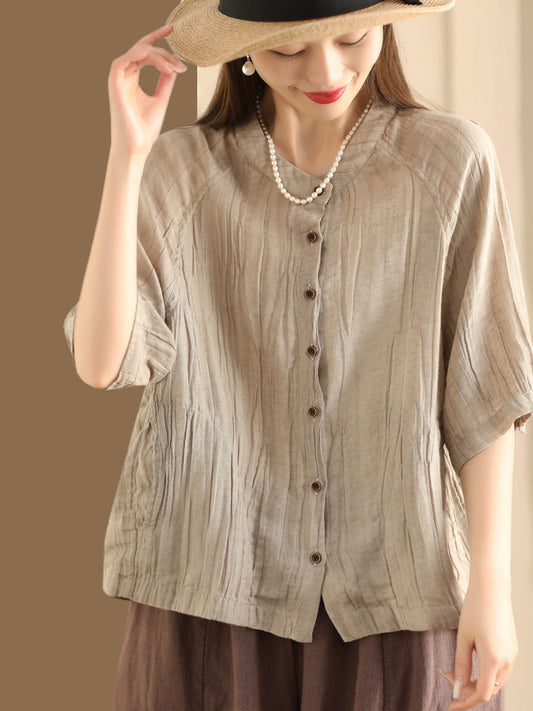 Women Summer Retro Solid Linen Button-up Shirt XX1012