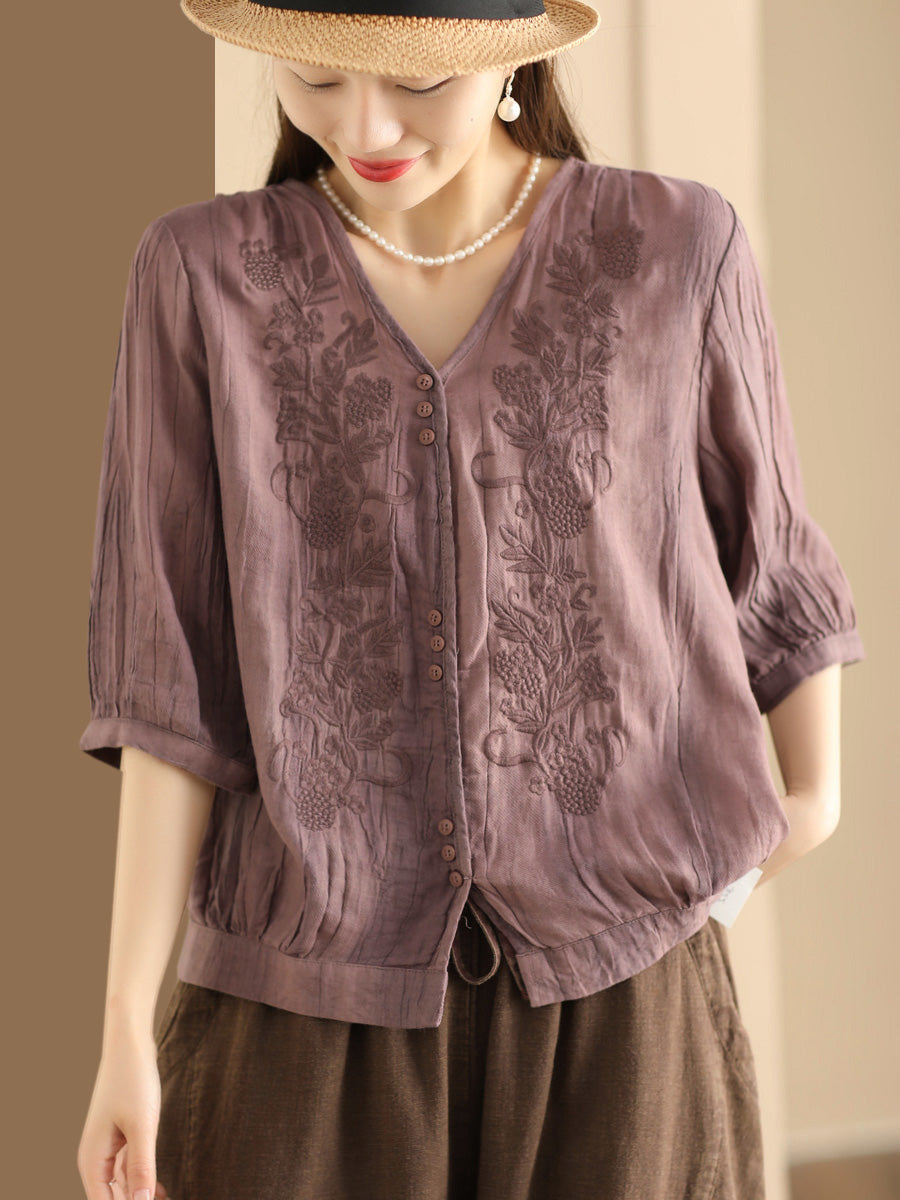 Women Vintage Summer Embroidery V-Neck Ramie Shirt PA1003