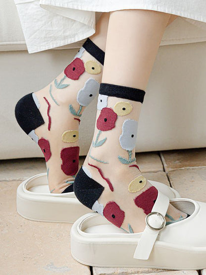 5 Pairs Women Artsy Summer Flower Jacquard Thin Socks CX040