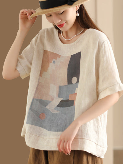 Women Casual  Summer Print O-Neck Linen Shirt WE1028