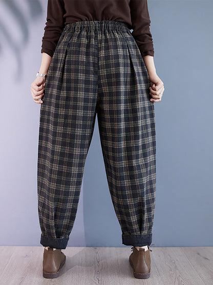 Women Autumn Retro Plaid Thick Cotton Harem Pants BA1036