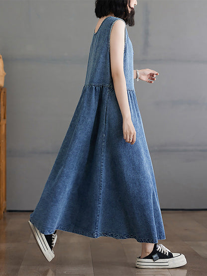 Women Casual Summer Denim A-Shape Loose Vest Dress FD054