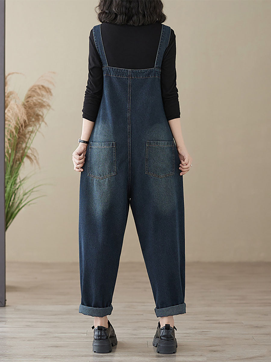 Women Autumn Retro Patchwork Denim Pocket Jumpsuits AI1048