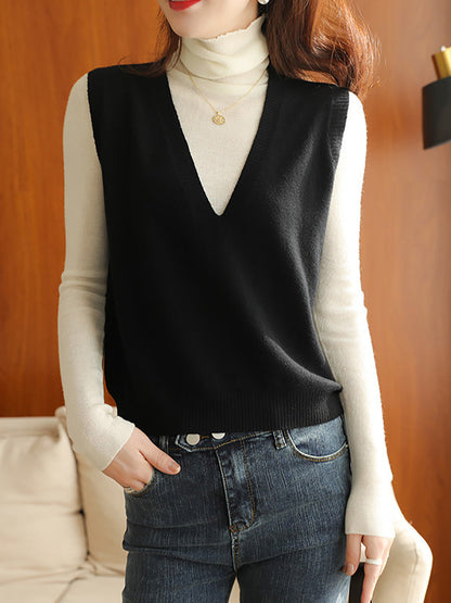 Women Casual Wool Solid V-Neck Knit Vest AK1045