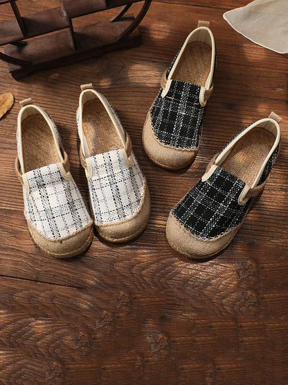 Women Artsy Summer Plaid Linen Spliced Flat Shoes RR007