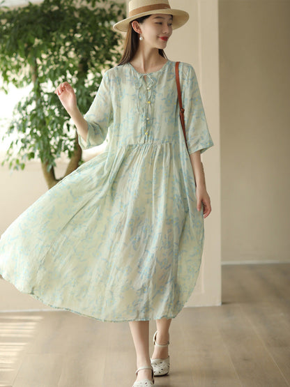 Women Summer Artsy Floral O-Neck Ramie Dress FD015