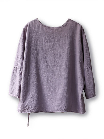 Women Spring Vintage Purple Drawstring Cotton Shirt SC1018