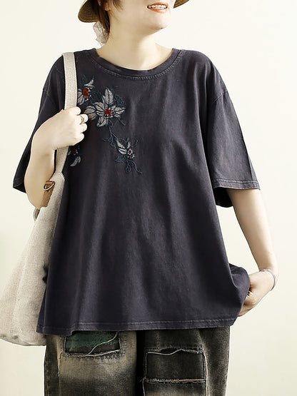 Women Summer Artsy Flower Embridery Cotton Shirt RR1012